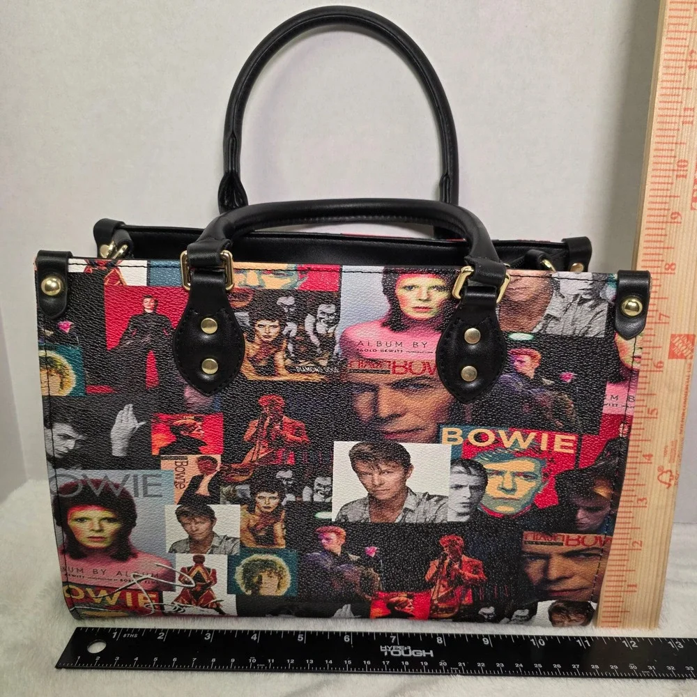 David Bowie Collage Print Satchel Bag Vegan Leather Music Icon Handbag Black